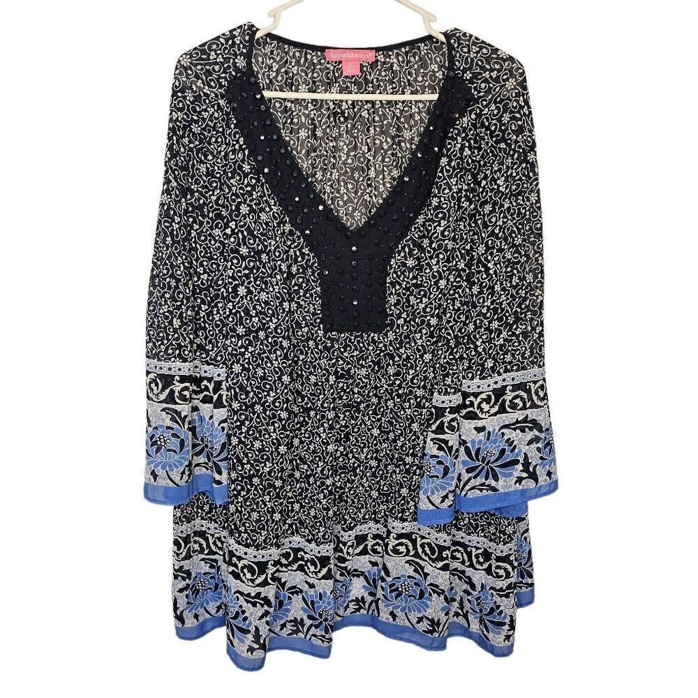 Women Within sheer boho tunic multicolor bling beads detail rayon/polyester Size